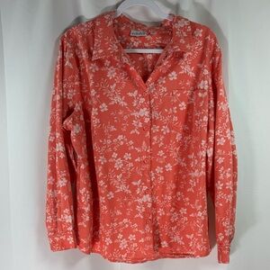 Joan Rivers Cotton Chambray Floral Classic Long Sleeve Button Front Shirt XL